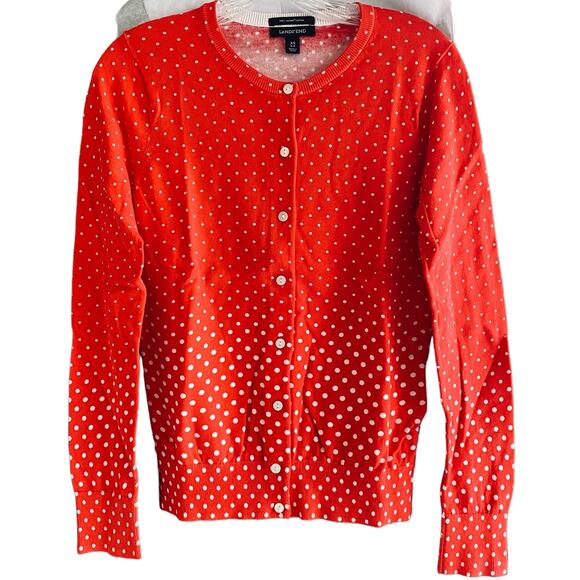 LANDS' END XS Cardigan Supima Cotton Coral White Polka Dot Preppy Tennis Twee - Picture 1 of 6